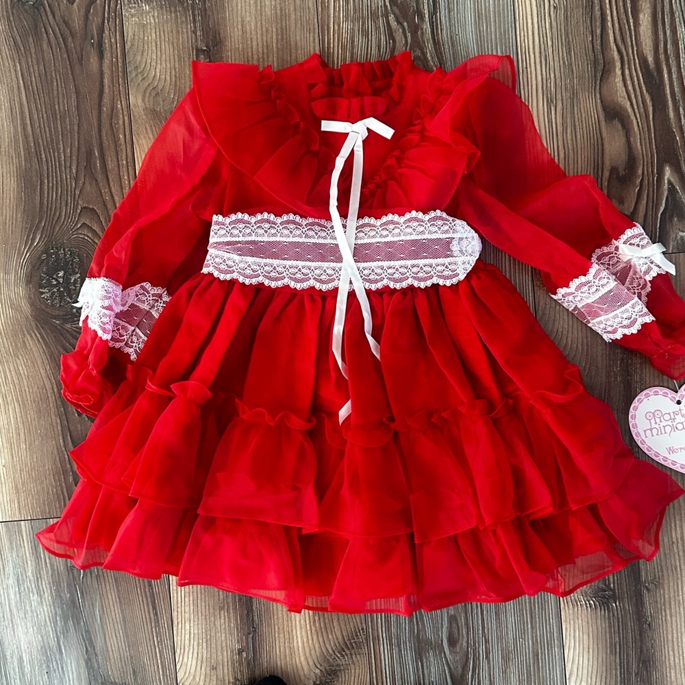 NOS Vintage 70s 80s Marthas  Miniatures Dress We’re Fussy Red White Sheer 4T USA